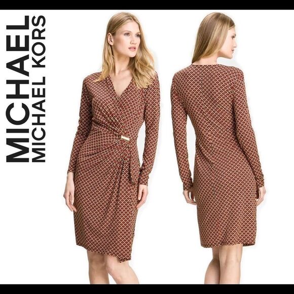 Michael Michael Kors red chain link long sleeve Print Faux Wrap Dress Sz XS - Picture 16 of 16